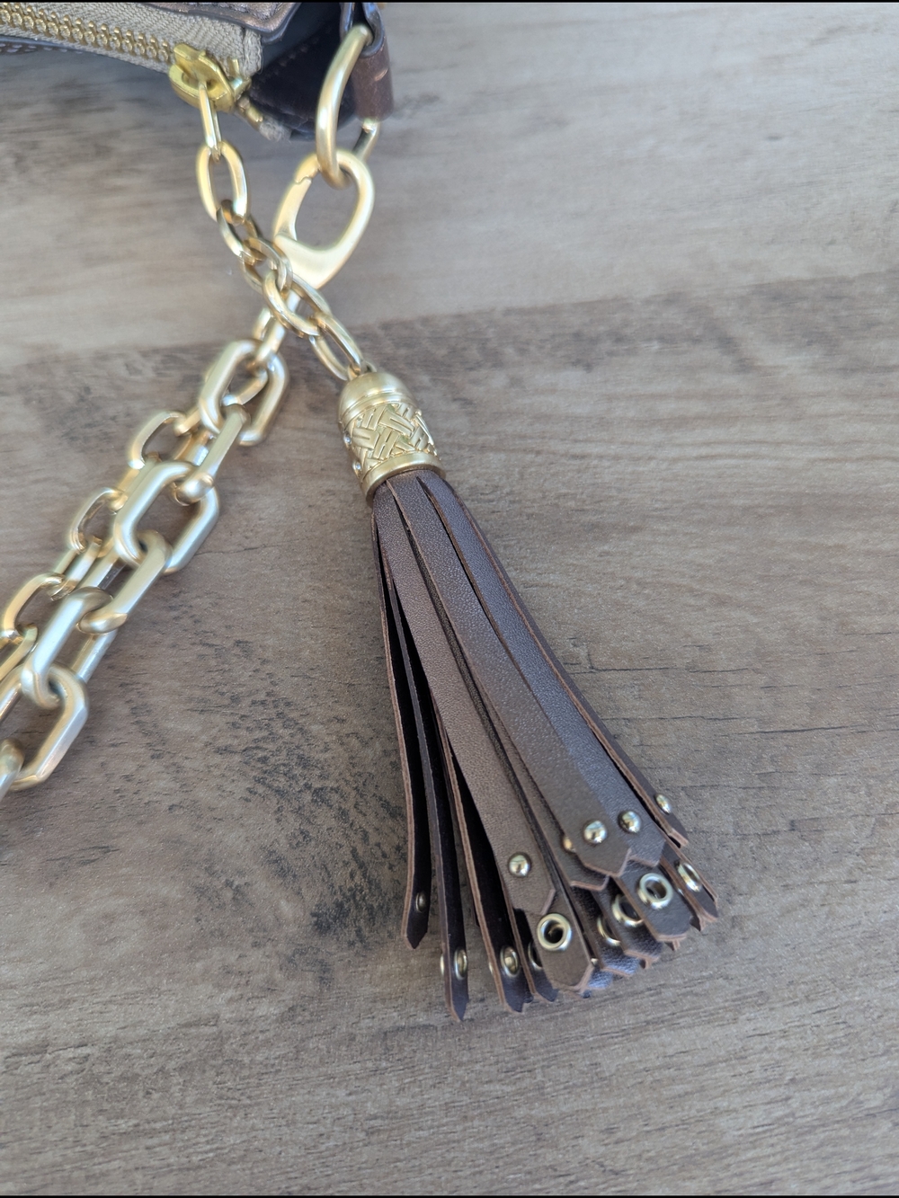 Cole Haan Bronze Woven Leather Shoulder Bag with Gold Chain - Picture 10 of 14